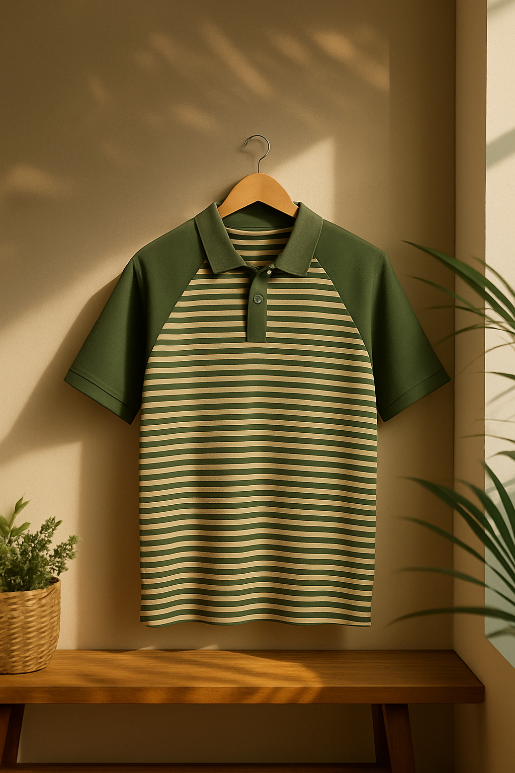 Olive Green & Beige Striped Polo T-Shirt