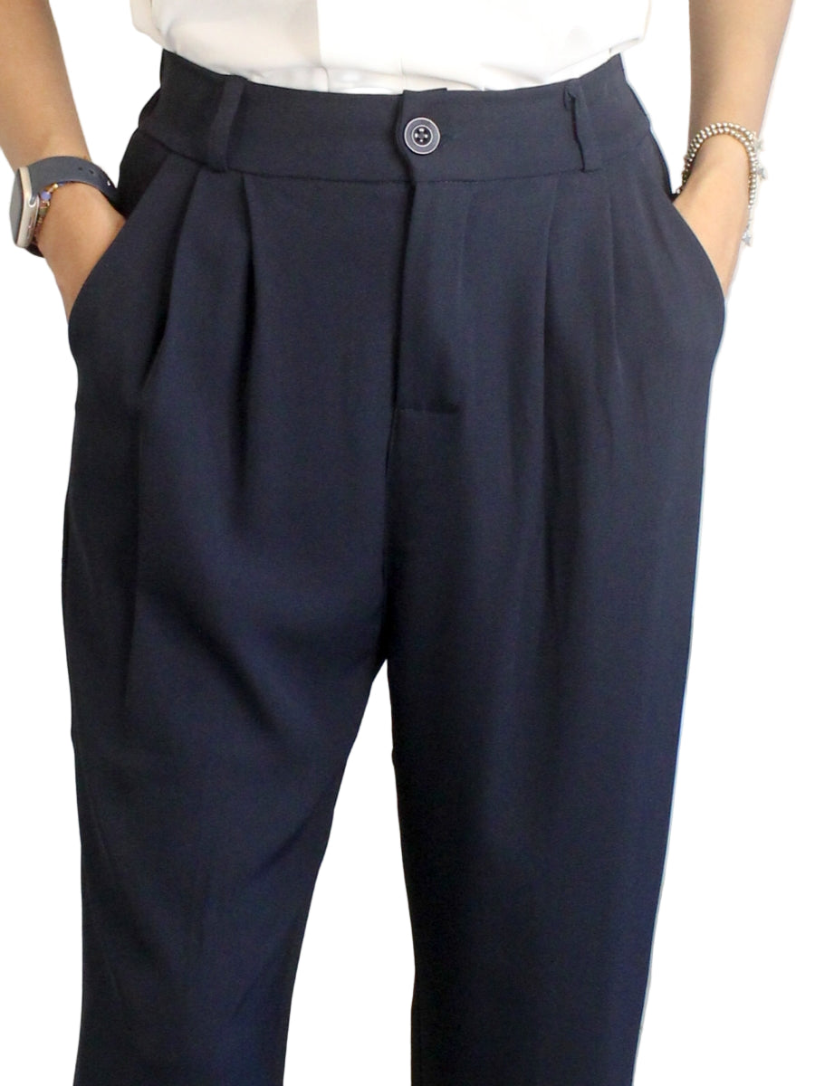 Dark Navy Blue Pleated High-Waist Korean Trouser