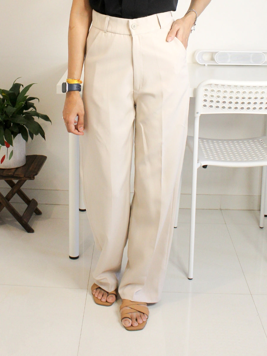 Ivory Beige High-Waist Straight Trouser