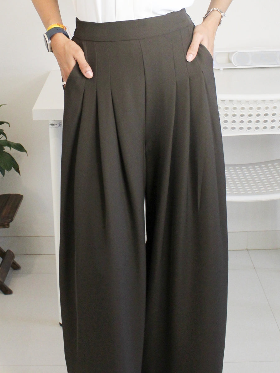 Wide-Leg Truffle Brown Pleated Tailored Korean Trouser