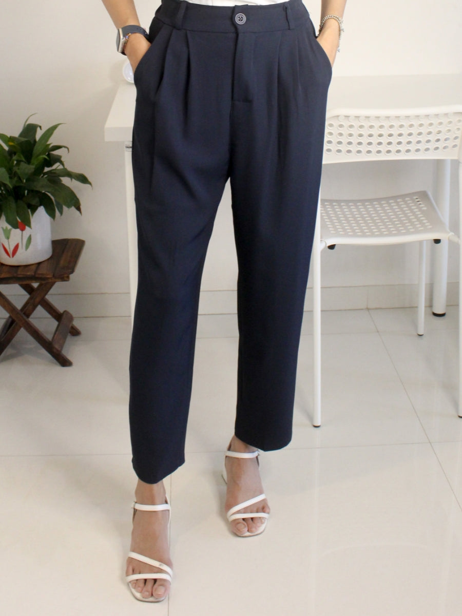 Dark Navy Blue Pleated High-Waist Korean Trouser