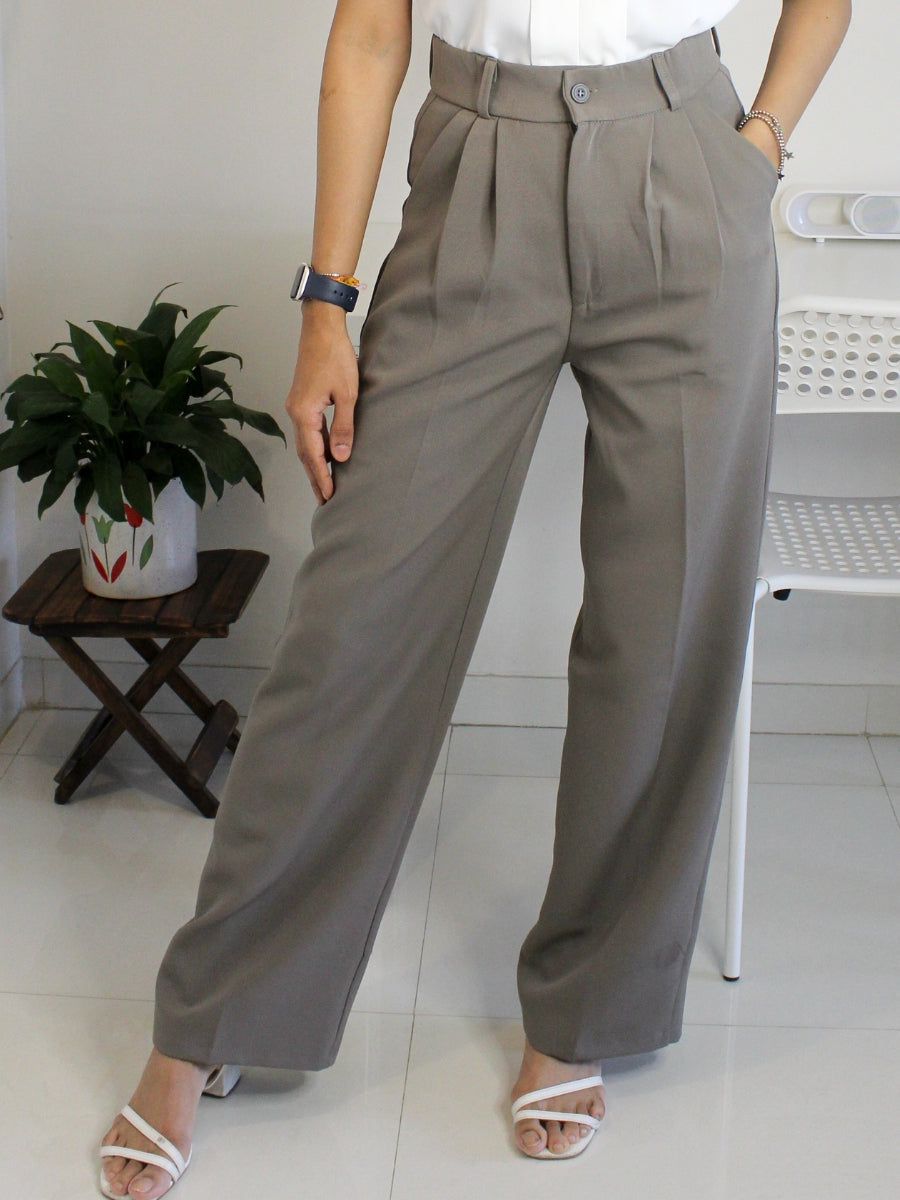 Taupe Grey Pleated Wide-Leg High-Waist Korean Trouser