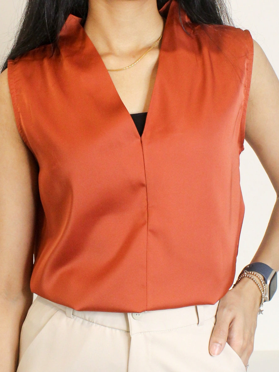 Rust Orange Satin Sleeveless Top