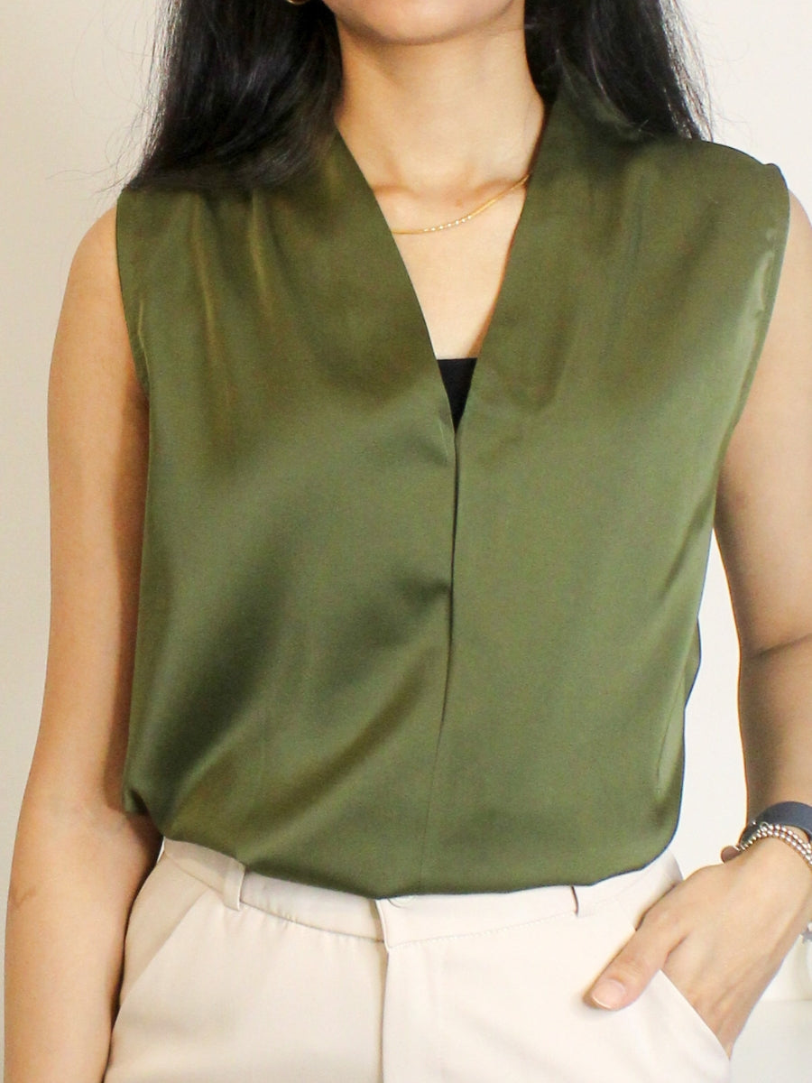 Olive Green Satin Sleeveless Top