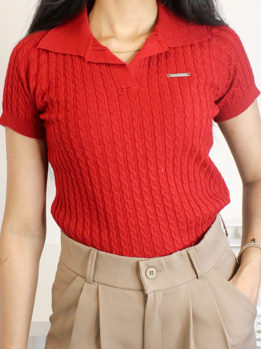 Red Cable Knit Polo T-Shirt