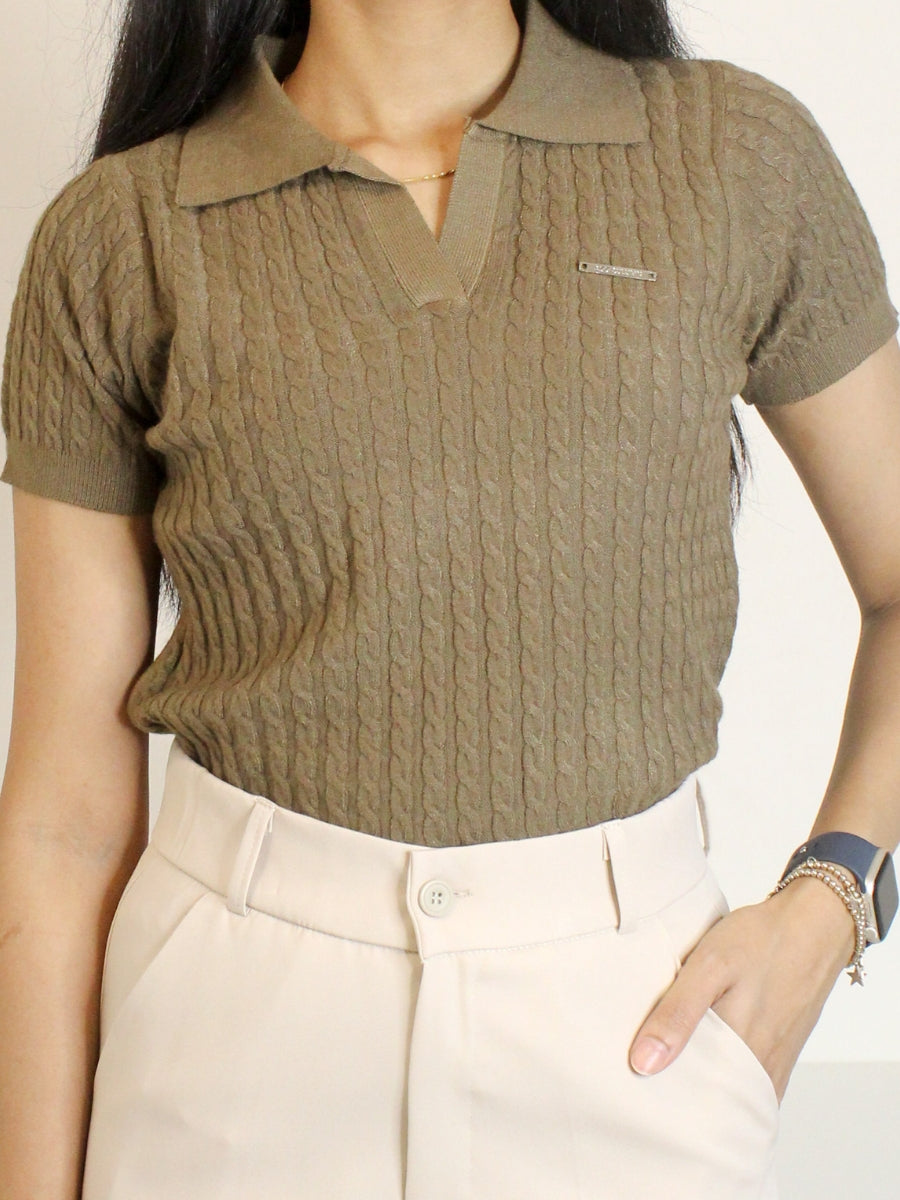 Olive Brown Cable Knit Polo T-Shirt