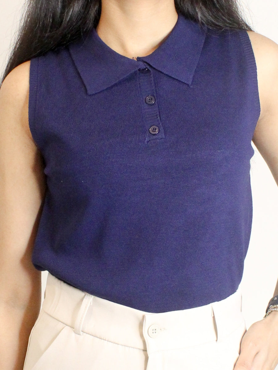 Navy Blue Sleeveless Polo Top