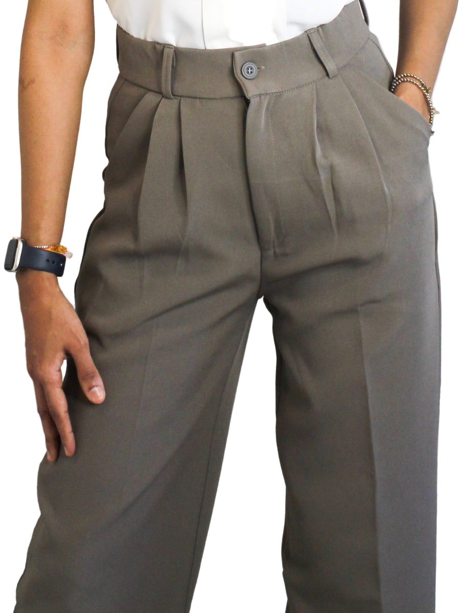 Taupe Grey Pleated Wide-Leg High-Waist Korean Trouser