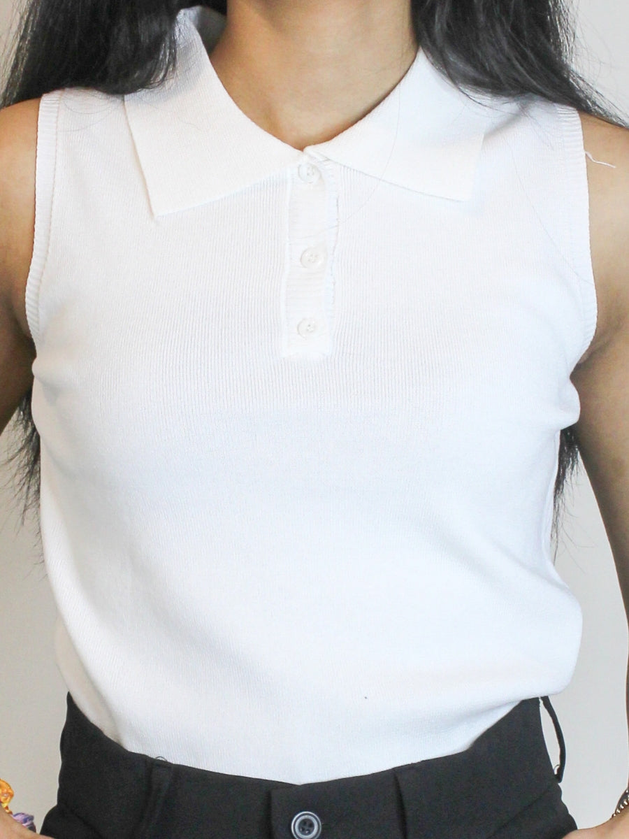 White Sleeveless Polo Top
