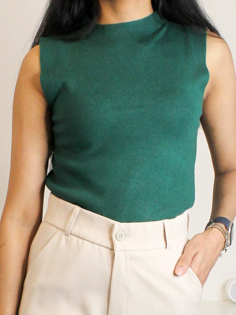 Emerald Green Sleeveless High-Neck Knit Top
