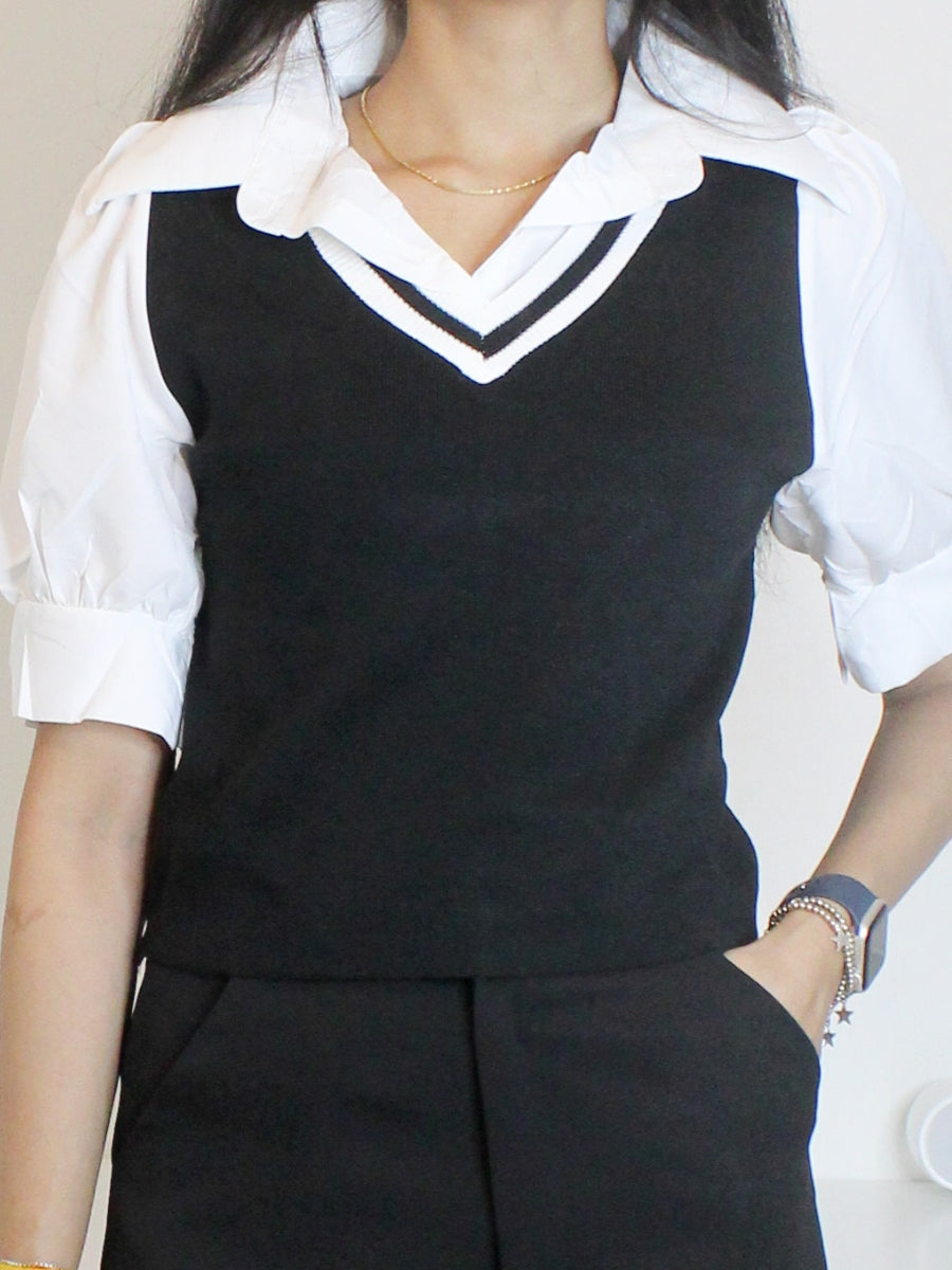 Black & White Layered V-Neck Knit Top with Shirt Collar