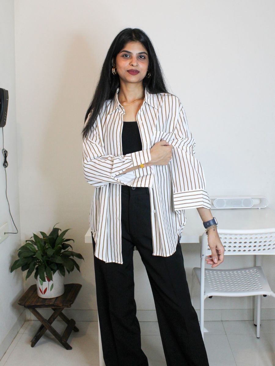 White & Brown Vertical Stripe Oversized Shirt
