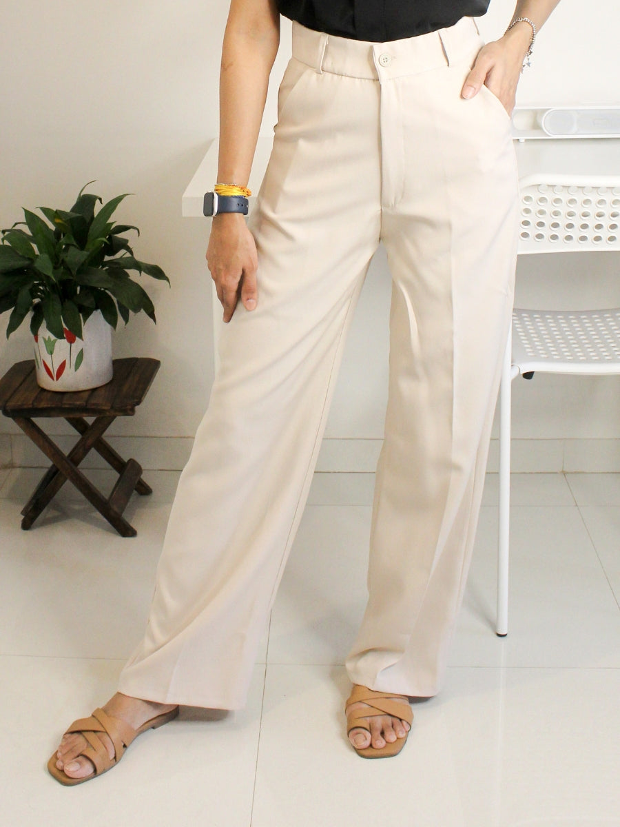 Ivory Beige High-Waist Straight Trouser