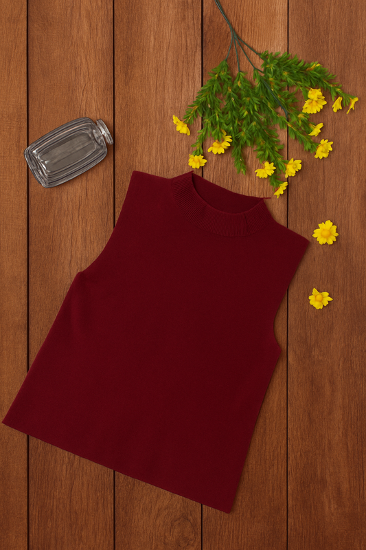 Emerald Red Sleeveless High-Neck Knit Top