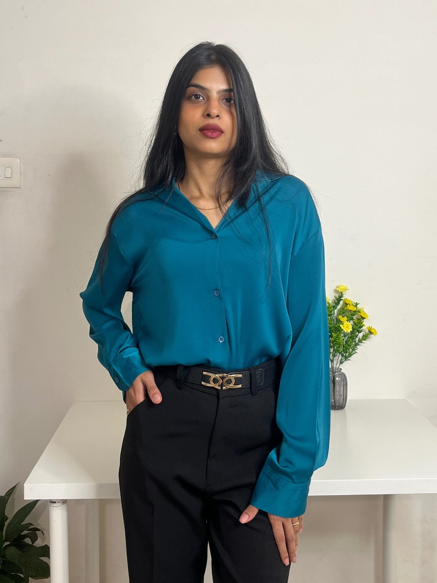 Teal Blue Classic Formal Satin Shirt