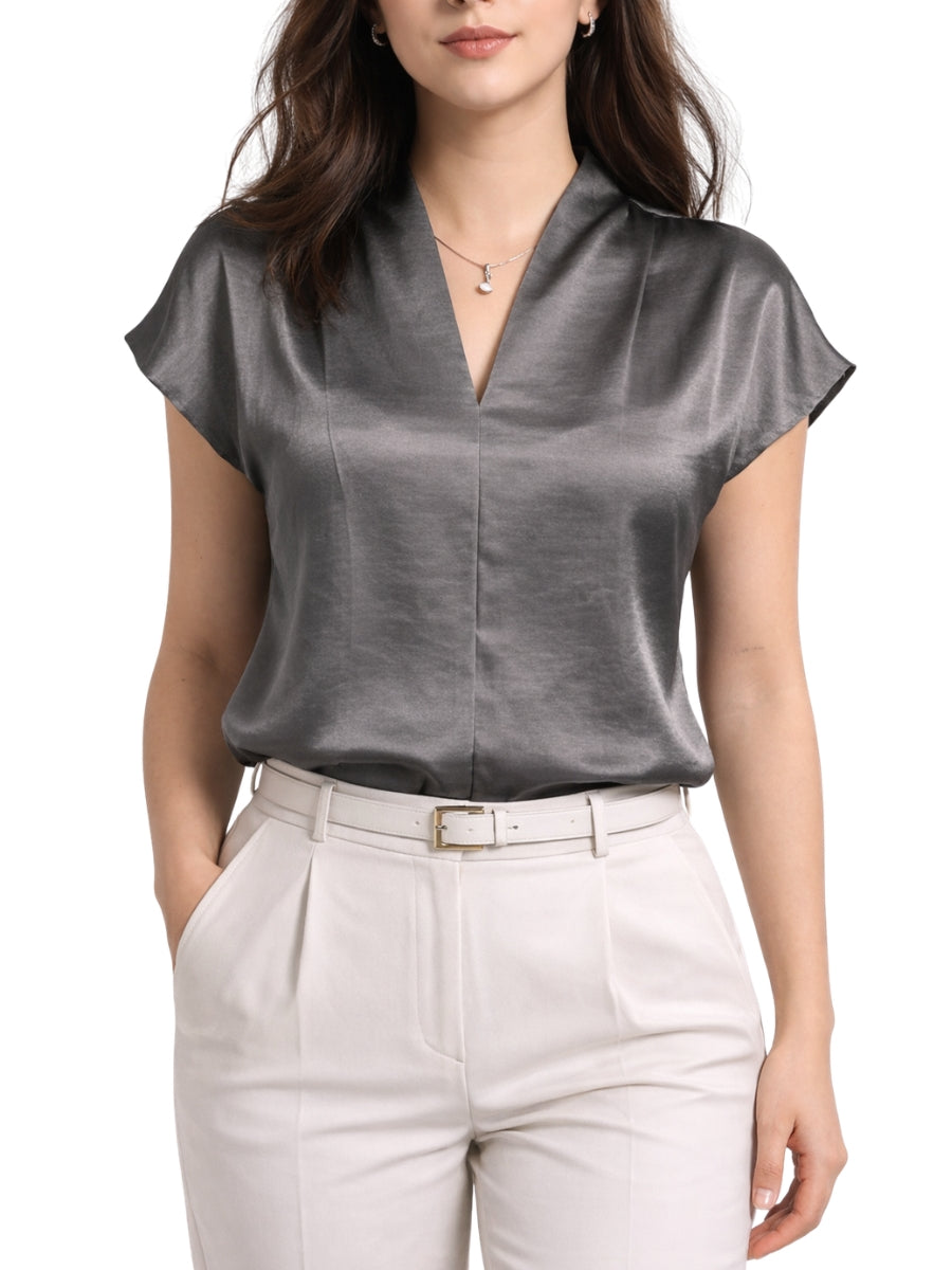Luxe Satin Drape Top – Steel Grey