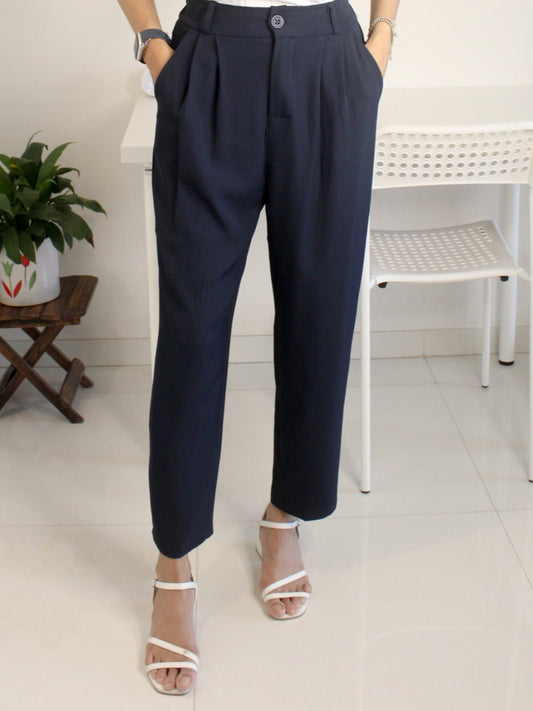Dark Navy Blue Pleated High-Waist Korean Trouser