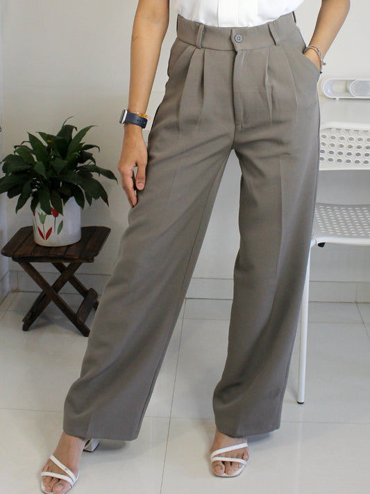 Taupe Grey Pleated Wide-Leg High-Waist Korean Trouser