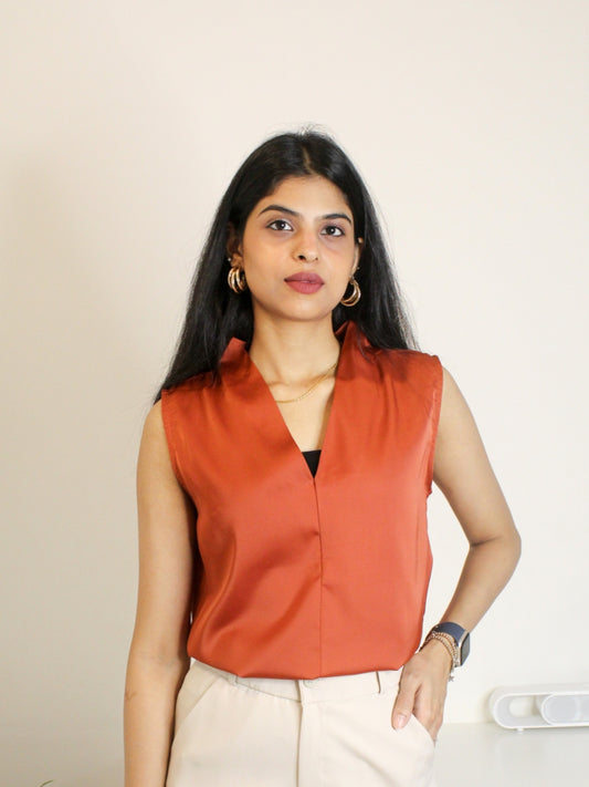 Rust Orange Satin Sleeveless Top