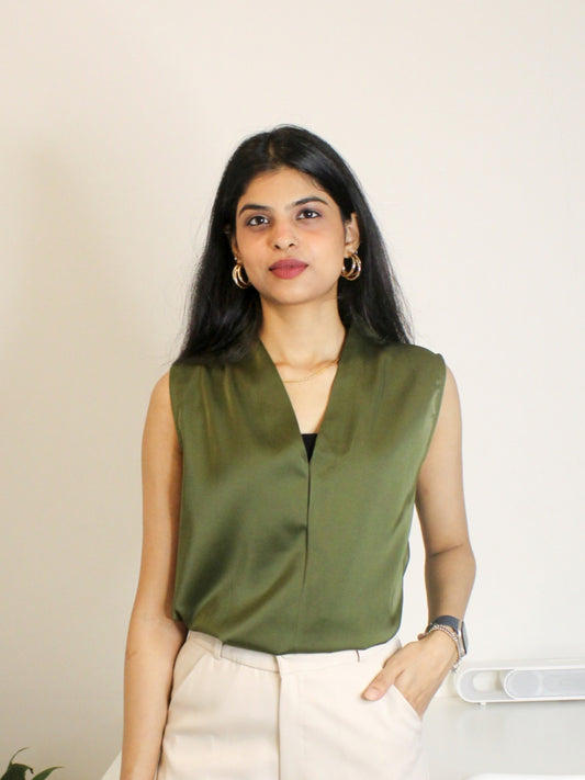 Olive Green Satin Sleeveless Top