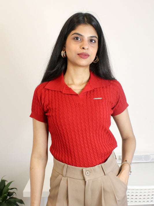 Red Cable Knit Polo T-Shirt