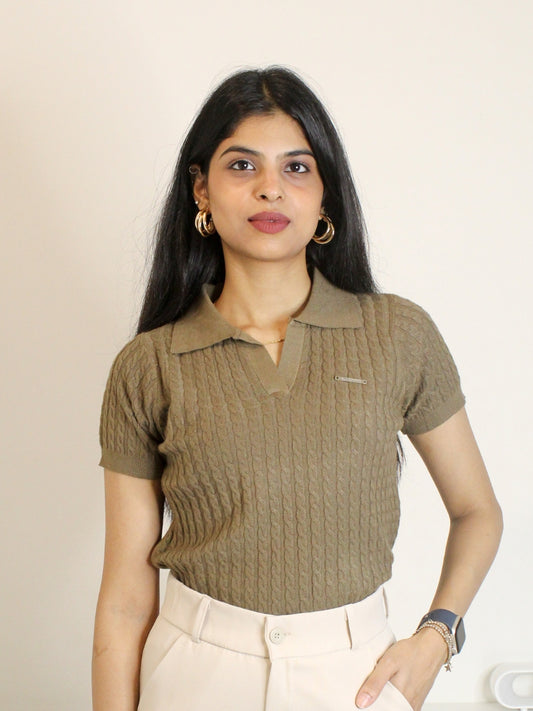 Olive Brown Cable Knit Polo T-Shirt