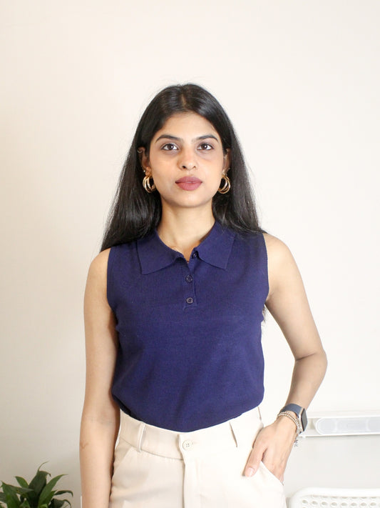 Navy Blue Sleeveless Polo Top