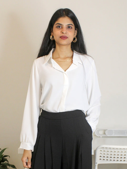 White Crepe Full-Sleeve Formal Top