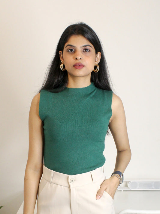 Emerald Green Sleeveless High-Neck Knit Top