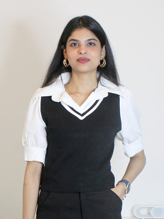Black & White Layered V-Neck Knit Top with Shirt Collar