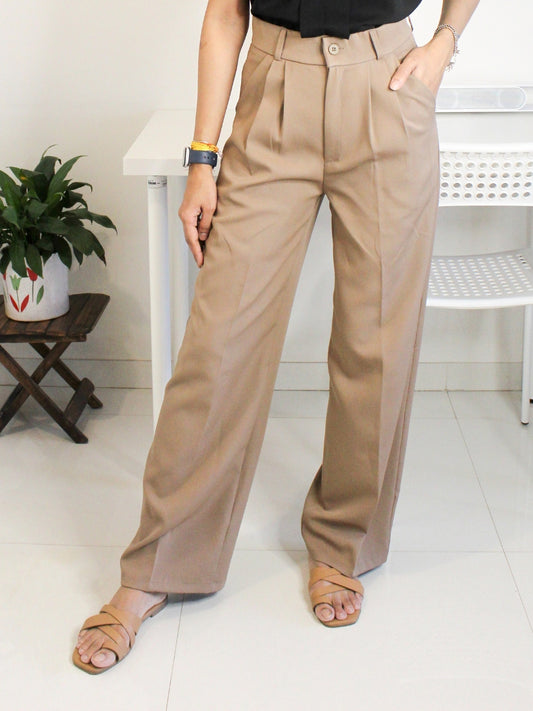 Dark Beige Pleated High-Waist Korean Trouser