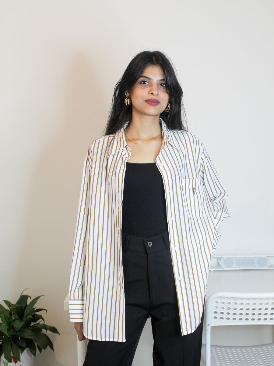 White & Brown Vertical Stripe Oversized Shirt