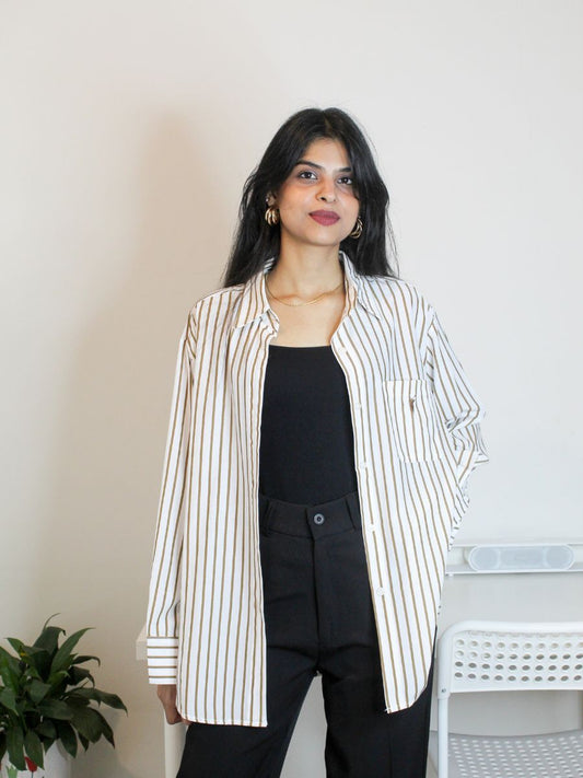 White & Brown Vertical Stripe Oversized Shirt