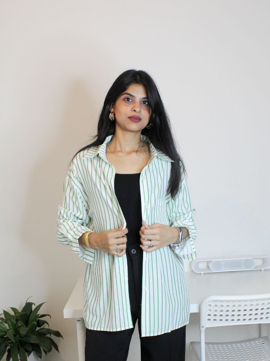 White & Green Vertical Stripe Oversized Shirt