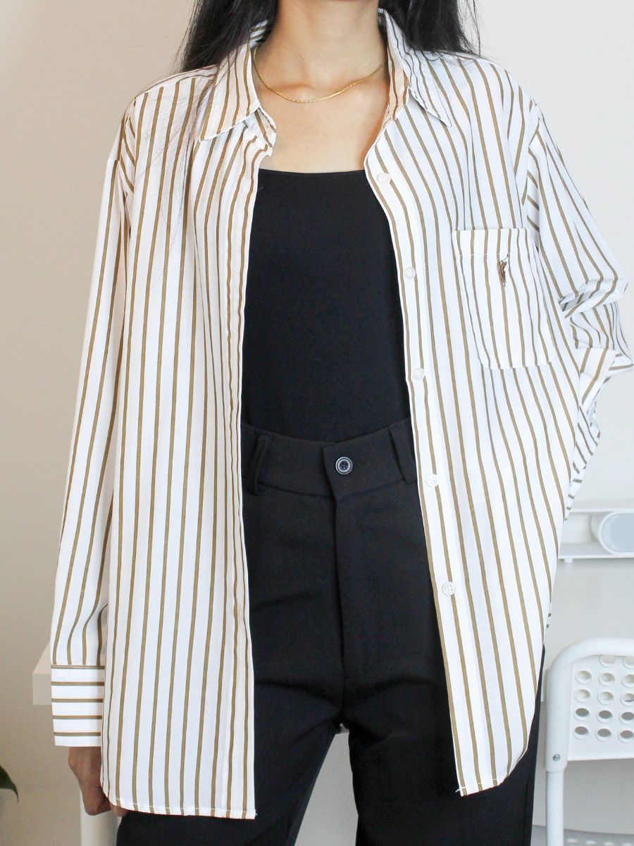 White & Brown Vertical Stripe Oversized Shirt