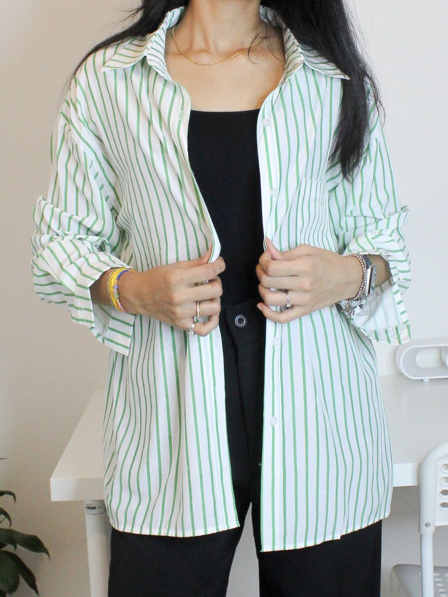 White & Green Vertical Stripe Oversized Shirt