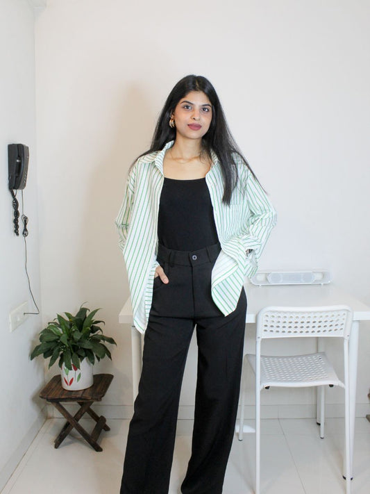 White & Green Vertical Stripe Oversized Shirt