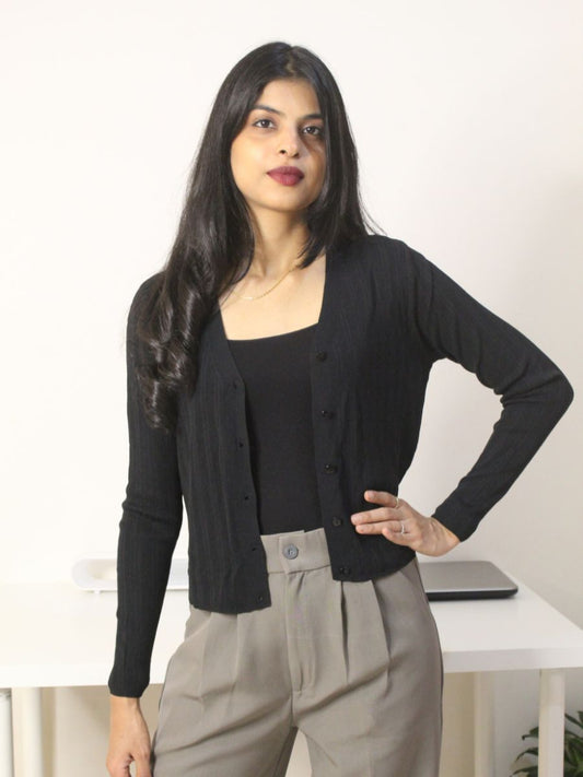 Classic Black Ribbed Cardigan