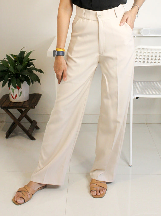 Ivory Beige High-Waist Straight Trouser
