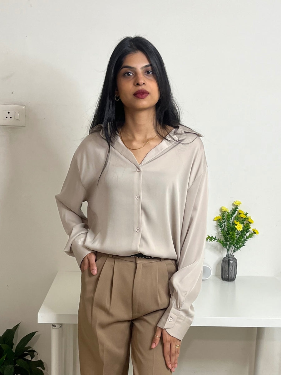 Soft Beige Classic Workwear Satin Shirt