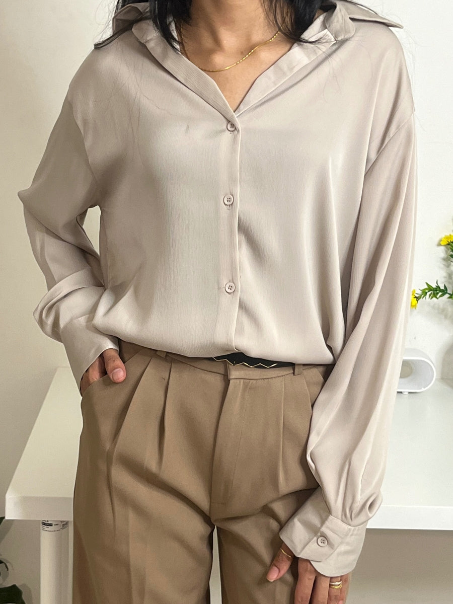 Soft Beige Classic Workwear Satin Shirt